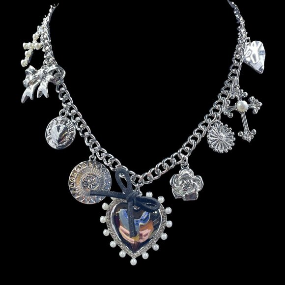 Silver Tone Charm Necklace Heart Cross Bow Rose Coquette Gothic Y2K NWT 20" - Picture 5 of 9